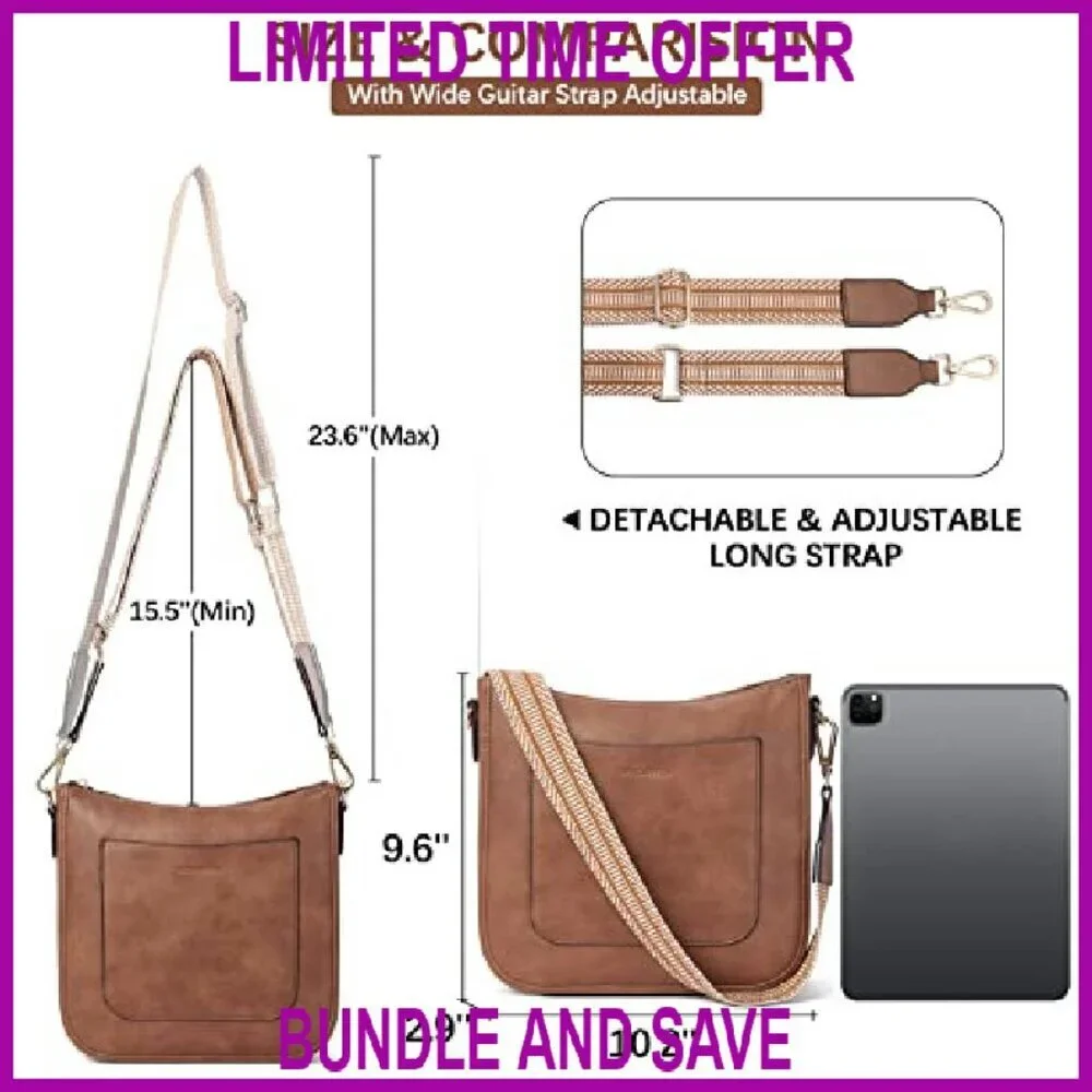 Vegan Leather Crossbody Bag Adjustable Guitar Strap Multi-Pocket Hobo Purse